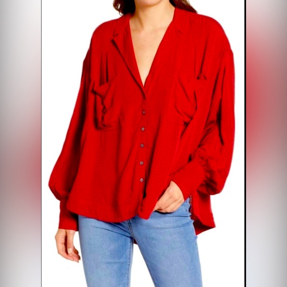 Free People Erin's Jacquard Oversize Button Front Top  Stolen Kiss Sz M